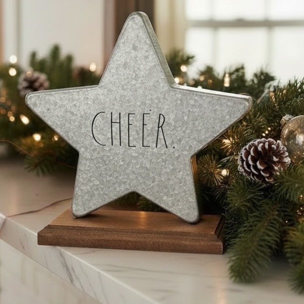 Rae Dunn Metal Holiday Star Sign Wood Base Farm Christmas Cheer Cottage Decor